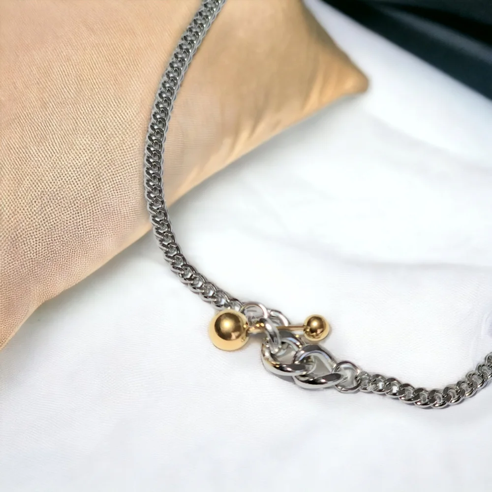 ๐๏ธ Two Tone 18K Gold Plated Link Chain Gold Ball Bar Necklace - Picture 5 of 6